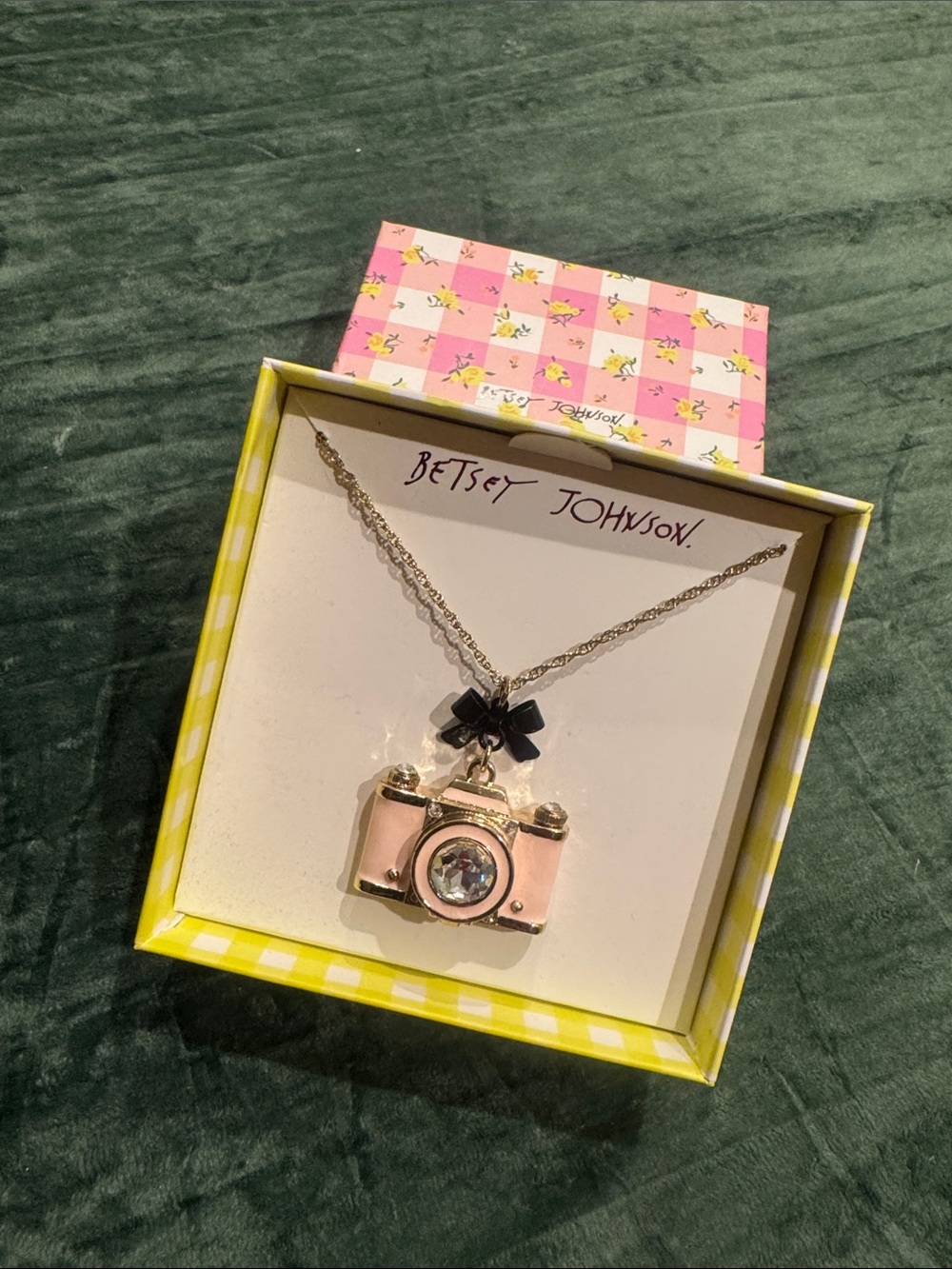 Betsey Johnson Pink Camera Charm Necklace with Black Bow